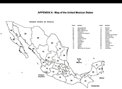 [ai] A black and white map of Mexico showing its 32 federal entities. Each state is labeled with its number, including names like Baja California, Jalisco, and Quintana Roo. The map includes surrounding countries and oceans.